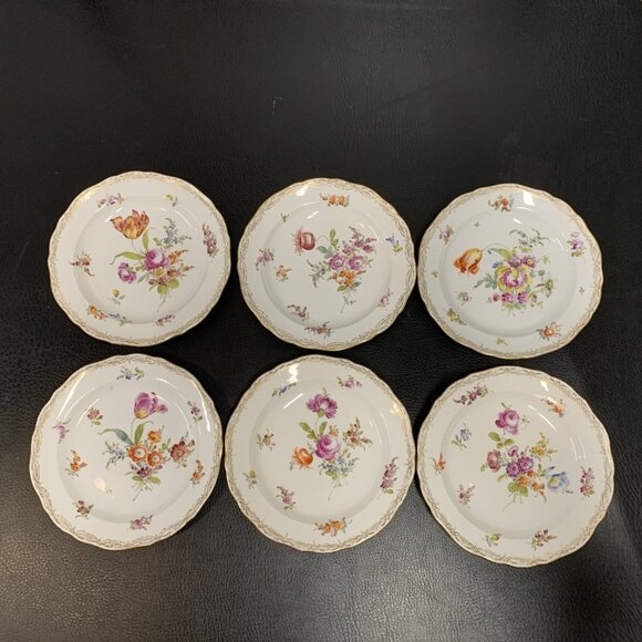 6 Hand Painted Antique Meissen Porcelain Plates 18th Century Floral Rococo 8.25" - Picture 1 of 15